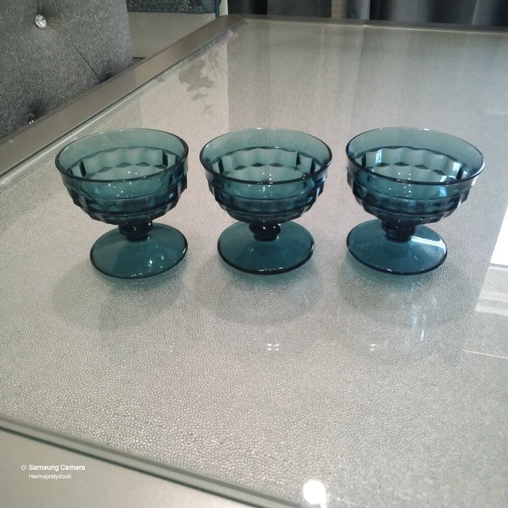 Vintage Set 3 Indiana Glass Company Riviera Blue 3.5" Footed Sherbert Dishes